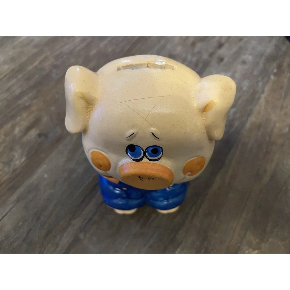 Vintage Chalkware Pig Piggy‎ Bank – Hand-Painted Pig in Blue Jean Overalls